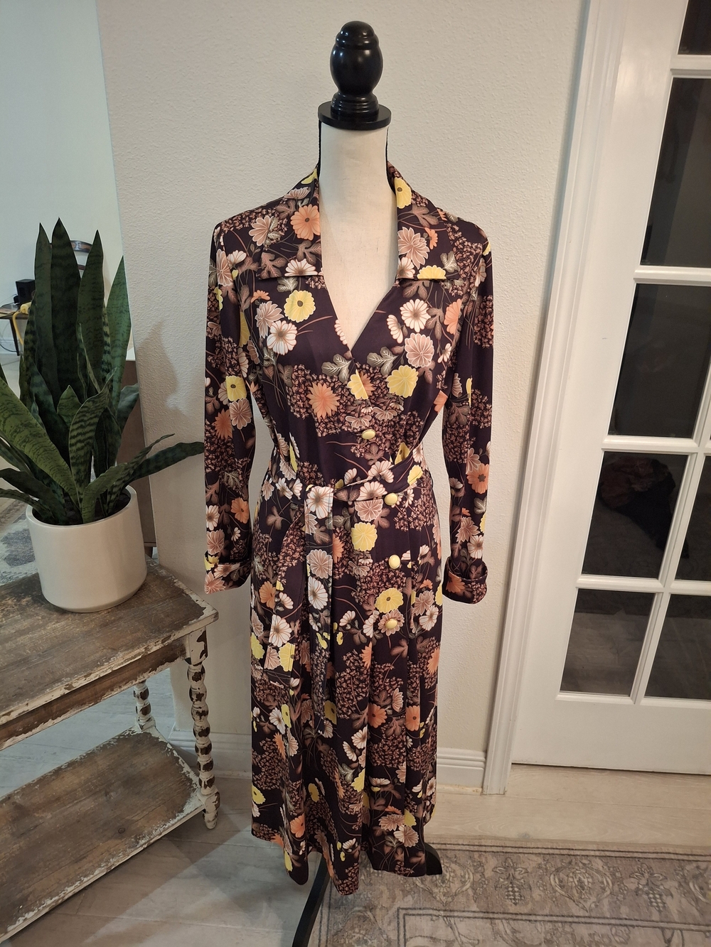 Vintage 70s Floral Wrap Midi Dress in Brown & Orange